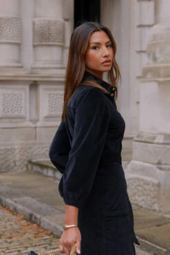 Black Velvet Puff Sleeve Popper Front Midi Dress -SOSANDAR Sales 0171385acd1e86878240b6230ffbdd3c27071230