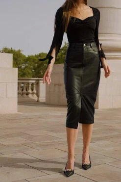 Black Leather Pencil Skirt With Split -SOSANDAR Sales 06006e36fa65eb02f95ea50cf42db82e5c2dc56d