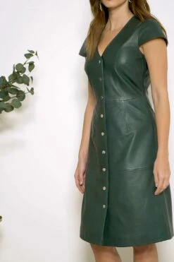 Dark Green Leather V Neck Popper Front Dress -SOSANDAR Sales 09bbd7feb13d2fc3f6d2121bb24d2d808601b340