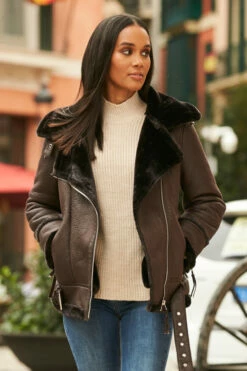 Chocolate Brown Faux Shearling Biker Jacket 11 Chocolate Brown Faux Shearling Biker Jacket -SOSANDAR Sales 12 a19ol004pt0004 064