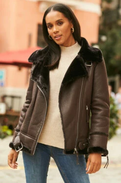 Chocolate Brown Faux Shearling Biker Jacket
