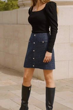 Navy Blue Boucle Button Front A-Line Skirt 13 Navy Blue Boucle Button Front A-Line Skirt -SOSANDAR Sales 12a7fe3eaeb3ff64ffc1410cda686d6ba6e50d42