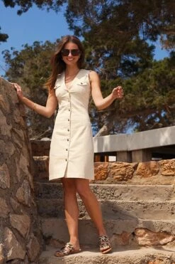 Ecru Gold Button Front Sleeveless Denim Dress 13 Ecru Gold Button Front Sleeveless Denim Dress -SOSANDAR Sales 1806af3ede629139b39121a62cdcdfc5bcc8d59d