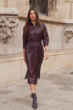 Burgundy Shirred Waist Popper Front Shirt Dress -SOSANDAR Sales 183c457c5e010dee5376586bcd2377aa9772b179