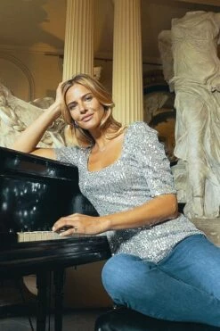 Silver Sequin Gathered Sleeve Square Neck Top -SOSANDAR Sales 1cb98130906edea1704a07e1ef91cab6dcf36fa1