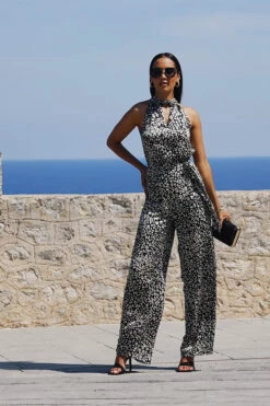 Natural Animal Print Satin High Neck Keyhole Detail Jumpsuit -SOSANDAR Sales 1e28edb476bcc0b97ac3275c8d5b5c924746d278