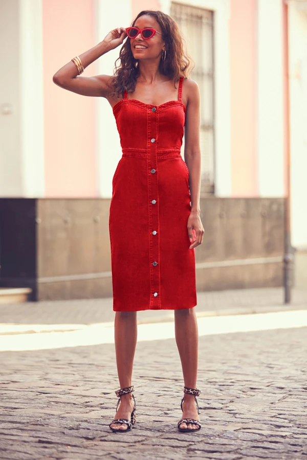 Red Button Front Denim Dress 3 Red Button Front Denim Dress