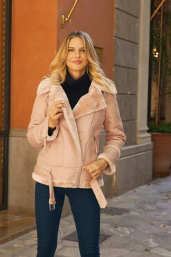 Soft Pink Faux Shearling Biker Jacket -SOSANDAR Sales 2576825029a0a9db92c241d1a45f2cb8cdf3cab3