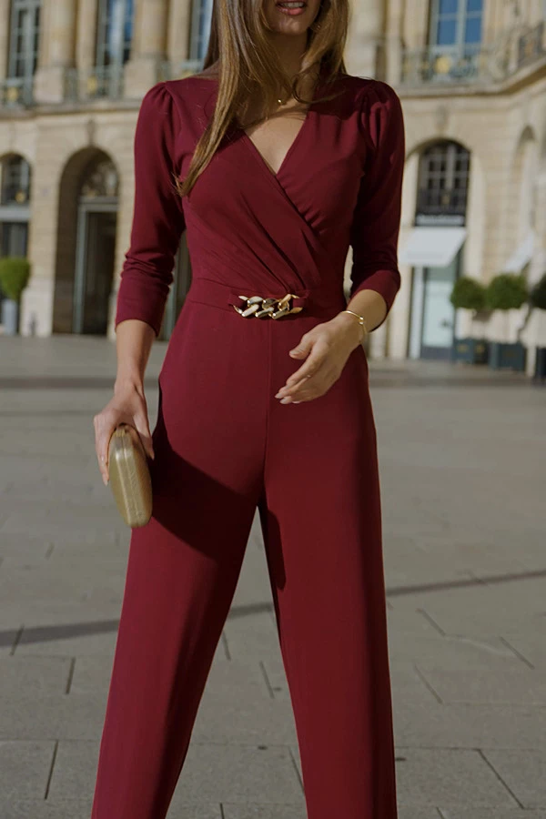 Burgundy Faux Wrap Chain Detail Wide Leg Jumpsuit 8 Burgundy Faux Wrap Chain Detail Wide Leg Jumpsuit - Image 6