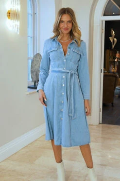Light Wash Denim Midi Shirt Dress -SOSANDAR Sales 2a7625bd2aba2da1a8034f60b05f75de4471d60e