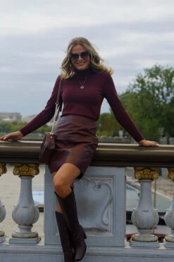 Wine Leather A-Line Skirt -SOSANDAR Sales 2addd4ef475ee5782bdb60d633bac1413e9e3f3a