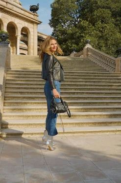 Black Leather Collarless Biker Jacket -SOSANDAR Sales 2be5cf74a8907538567441e48c993cf2f5634527