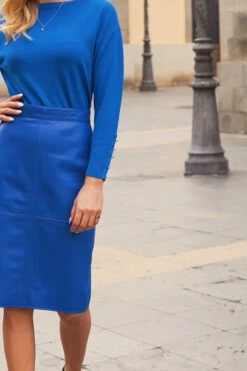 Cobalt Blue Leather Panelled Pencil Skirt -SOSANDAR Sales 2fa481e2f47bb5240d8761355ae832fb01cb8299