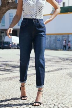 Dark Indigo Slim Leg Mom Jeans -SOSANDAR Sales 30b23b1a0cd32db37cd7479281f41e0b73925540