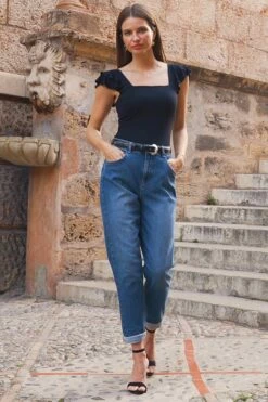 Mid Blue Slim Leg Mom Jeans -SOSANDAR Sales 32b479f39db93ada4524e9b1eda14228a466f32b
