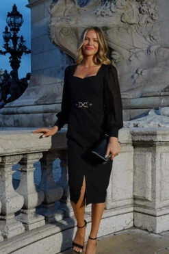 Black Sweetheart Neckline Pencil Dress With Sheer Sleeve Detail -SOSANDAR Sales 351e3362c61c9d551de116740d11ca0a3fae91fd