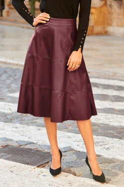 Burgundy Leather Look Panelled A-Line Midi Skirt 8 Burgundy Leather Look Panelled A-Line Midi Skirt -SOSANDAR Sales 35 s20sp002 a20tk001bk 185 burgundy rt