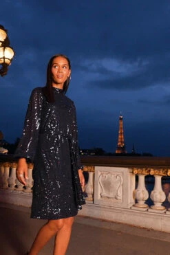 Navy Blue Sequin High Neck Belted Shift Dress 17 Navy Blue Sequin High Neck Belted Shift Dress -SOSANDAR Sales 371b7da9c6fb0de2d6508ddb6c9dd5d285c43300