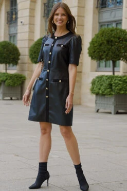 Black Faux Leather Button Front Pocket Detail Shift Dress -SOSANDAR Sales 3a32b470b1fef309ff5d768487e71befad51347e
