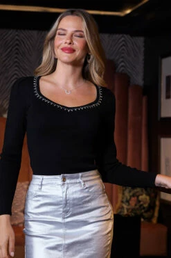 Black Embellished Detail Fine Knit Jumper 9 Black Embellished Detail Fine Knit Jumper -SOSANDAR Sales 3bbed253719a8dff867af40fcfb2497fd6e47dee