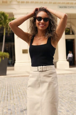 Ecru Leather Buckle Detail Pencil Skirt -SOSANDAR Sales 3c4ff9969cdf4ad5a017d9c41e0e4ad663020543