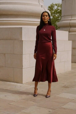 Burgundy Satin Midi Skirt -SOSANDAR Sales 432ecc3de30975b81aec58bad8984c0a440d8956