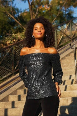 Black Sequin Luxe Bardot Top -SOSANDAR Sales 45fd6b3cd167abec0eb97957c75039b9b29692bf