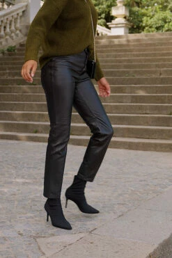 Black Leather Button Front Slim Leg Trousers -SOSANDAR Sales 46485c48aa36eeb2126dee7bea4ddfe6a4c76b56