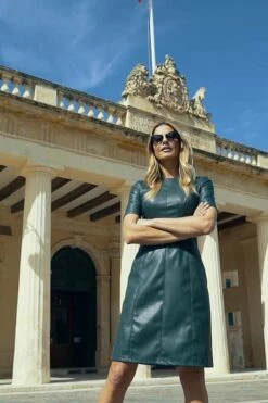 Dark Green Leather Look Panelled Shift Dress -SOSANDAR Sales 4a38eef07a22a297cec88b9c65bd938c5ad8debe