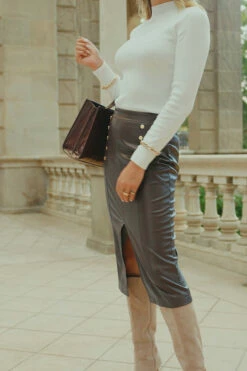 Chocolate Brown Faux Leather Pencil Skirt With Gold Buttons 15 Chocolate Brown Faux Leather Pencil Skirt With Gold Buttons -SOSANDAR Sales 4e103a39e34683e7d07d60543f5df7fe00dc6821