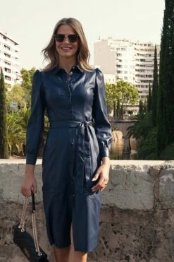 Navy Blue Faux Leather Belted Shirt Dress 10 Navy Blue Faux Leather Belted Shirt Dress -SOSANDAR Sales 54f25ea3d876e081ea28e293d5242807511bfd5c