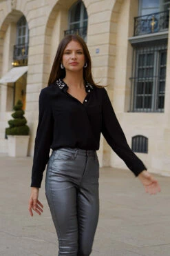 Black Premium Embellished Collar Shirt -SOSANDAR Sales 603e4c4c38bf0b18d8082082ab78d5258b4fb86e