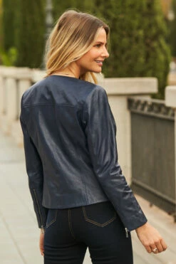 Navy Blue Zip Front Round Neck Leather Jacket 13 Navy Blue Zip Front Round Neck Leather Jacket -SOSANDAR Sales 60 s22tw005blfl 140