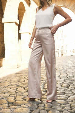Champagne Gold Premium Satin Wide Leg Trousers -SOSANDAR Sales 64f216c0077b1f36b6d331a65bcc3cbb6f534820