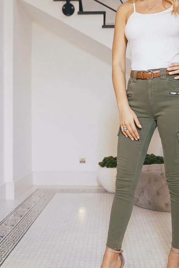 Khaki Green Zip Detail Cargo Skinny Jeans 8 Khaki Green Zip Detail Cargo Skinny Jeans - Image 6