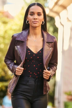 Burgundy Leather Biker Jacket -SOSANDAR Sales 65 s22tj029bksp 151 1