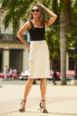 Ecru Leather Buckle Detail Pencil Skirt -SOSANDAR Sales 70 s21sl003eu0001 044