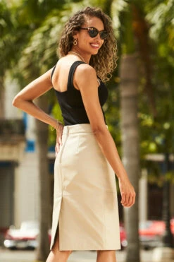 Ecru Leather Buckle Detail Pencil Skirt -SOSANDAR Sales 70 s21sl003eu0001 223