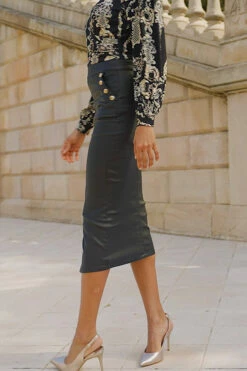 Black Coated Pencil Skirt With Button Detail -SOSANDAR Sales 71487f4cedd0ebd3f7110382b686f3a993a11343
