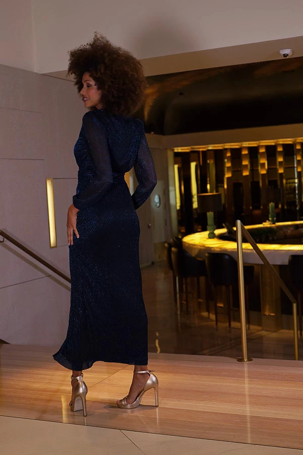 Sapphire Blue Sparkle Plisse Sheer Sleeve Maxi Dress 8 Sapphire Blue Sparkle Plisse Sheer Sleeve Maxi Dress - Image 6