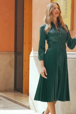 Dark Green Faux Leather Pleated Midi Dress 13 Dark Green Faux Leather Pleated Midi Dress -SOSANDAR Sales 76036418bbb98fcaf57f40cdcf875fd8d3385d19