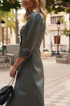Khaki Green Faux Leather Popper Front Shirt Dress -SOSANDAR Sales 76a1407d11f6f91ee5015cdc93789f258951f65c