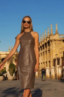 Taupe Premium Leather Halter Neck Dress -SOSANDAR Sales 79ac2a48c4de5afe195c42537cc25e070b377140