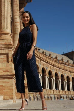 Navy Blue & Gold Spot Print Halter Neck Jumpsuit 11 Navy Blue & Gold Spot Print Halter Neck Jumpsuit -SOSANDAR Sales 7c2874a5a929f50064df38977ffd3a7a688c6ab3