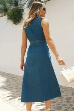 Mid Blue Fit & Flare Belted Denim Shirt Dress -SOSANDAR Sales 85e4d6fab10e812672ae83fefb3ae586c67002f6