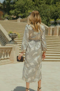 White & Black Geometric Print Satin Wrap Dress -SOSANDAR Sales 86b8e06f9f01cc1f4e9a5d4b855d2cb27e303f9d