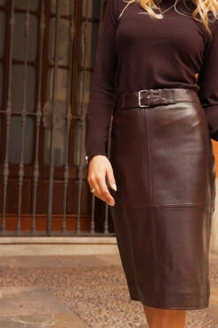 Chocolate Brown Leather Buckle Detail Pencil Skirt -SOSANDAR Sales 89c87a44b14c4eeb7e900239f11c0a2eb92c0a94