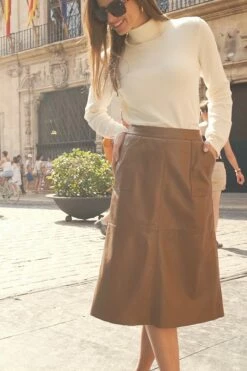 Tan Leather A-Line Skirt With Pockets -SOSANDAR Sales 8d50c9dab245687335ed83c2393e9b6d0bb7e369
