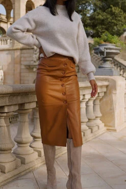 Tan Leather Button Front Midi Skirt 9 Tan Leather Button Front Midi Skirt -SOSANDAR Sales 92c2dfc954c78808e53c8b4d4cc4ce40adb9f993
