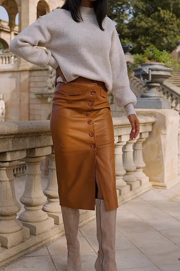 Tan Leather Button Front Midi Skirt 6 Tan Leather Button Front Midi Skirt - Image 4